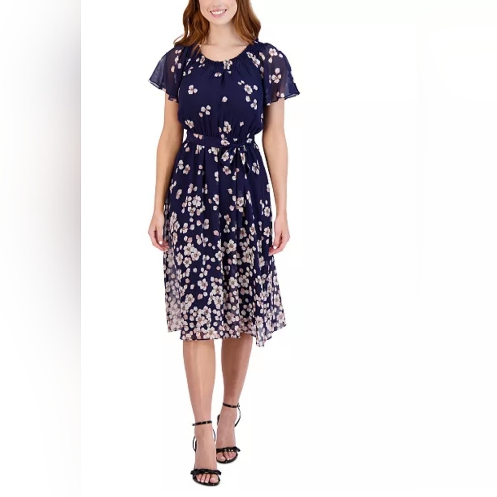 Sandra Darren Bohemian Sheer Floral Belted Midi Dress